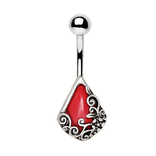 Stainless Steel Ornamental Red Stone Teardrop Navel Ring Navel Ring Impulse Piercings