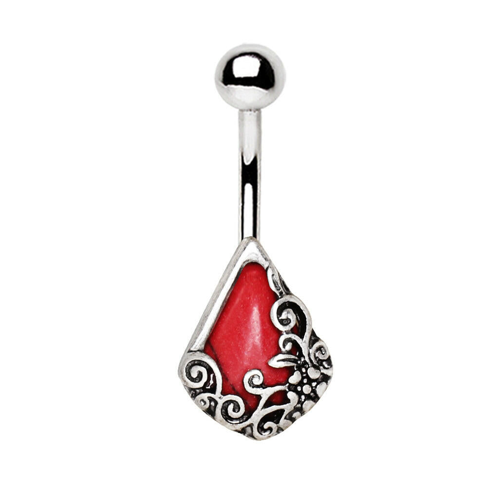 Stainless Steel Ornamental Red Stone Teardrop Navel Ring