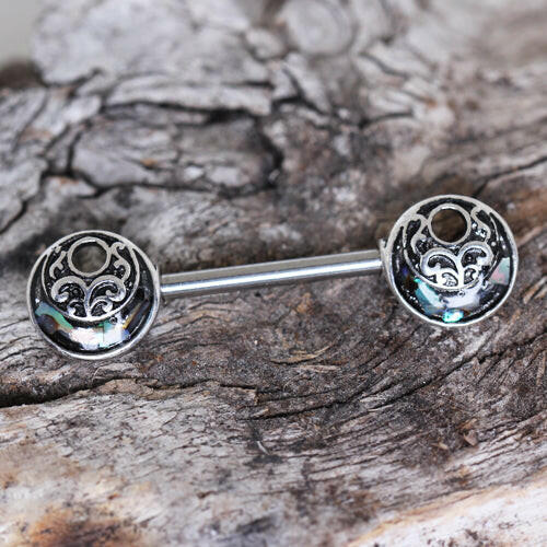 Stainless Steel Ornate Abalone Shield Nipple Bar Nipple Ring Impulse Piercings