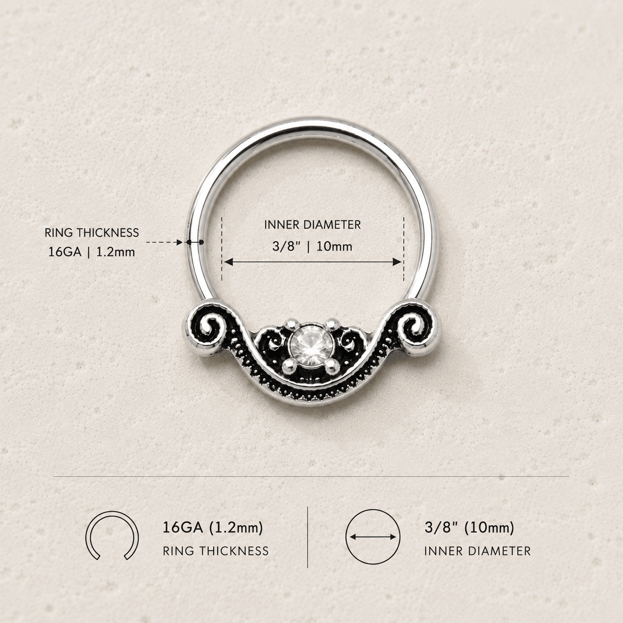 Stainless Steel Ornate Design Snap-in Captive Bead Ring / Septum Ring