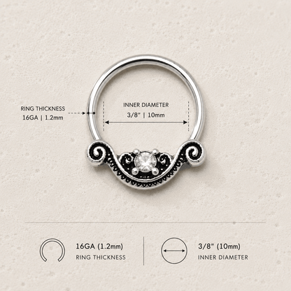 Stainless Steel Ornate Design Snap-in Captive Bead Ring / Septum Ring