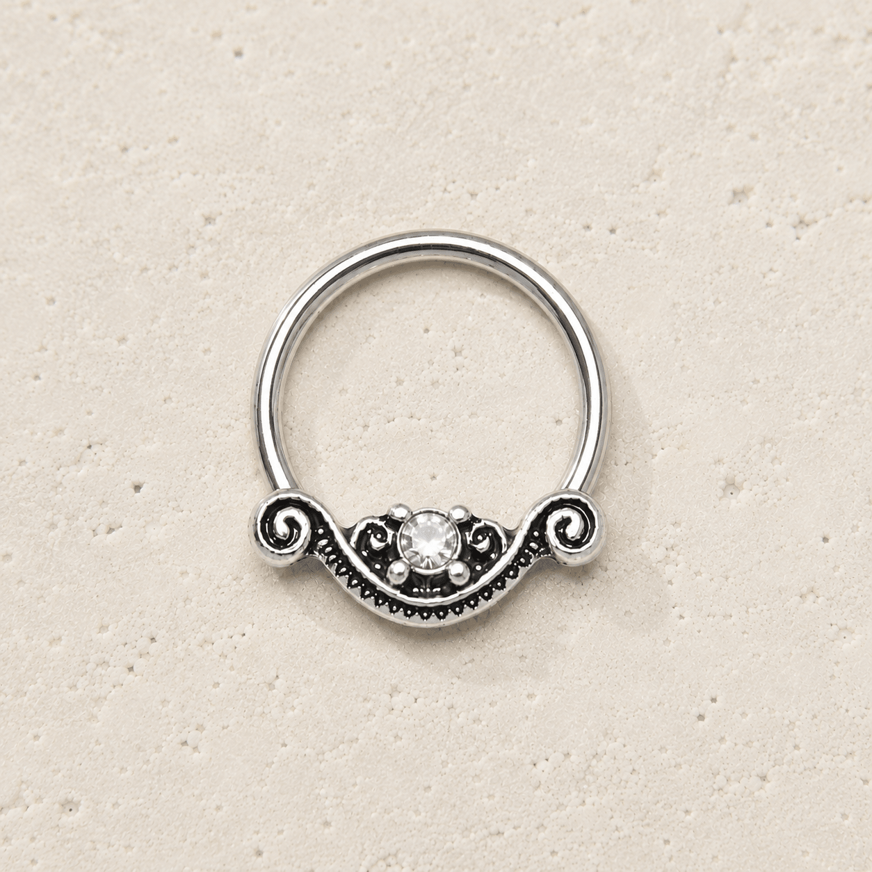 Stainless Steel Ornate Design Snap-in Captive Bead Ring / Septum Ring