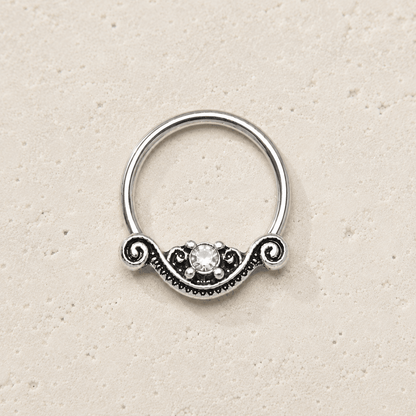 Stainless Steel Ornate Design Snap-in Captive Bead Ring / Septum Ring