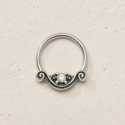 Stainless Steel Ornate Design Snap-in Captive Bead Ring / Septum Ring