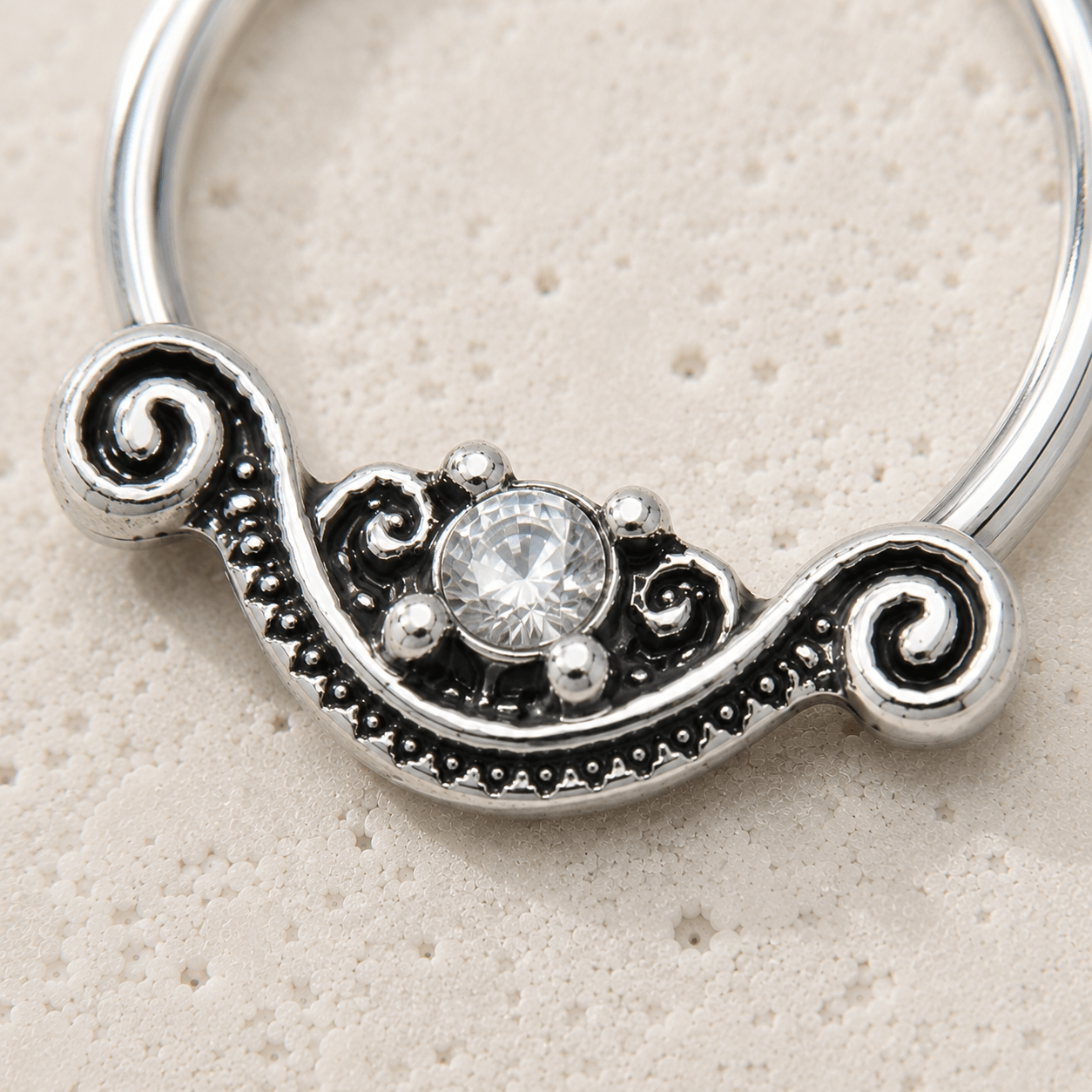 Stainless Steel Ornate Design Snap-in Captive Bead Ring / Septum Ring