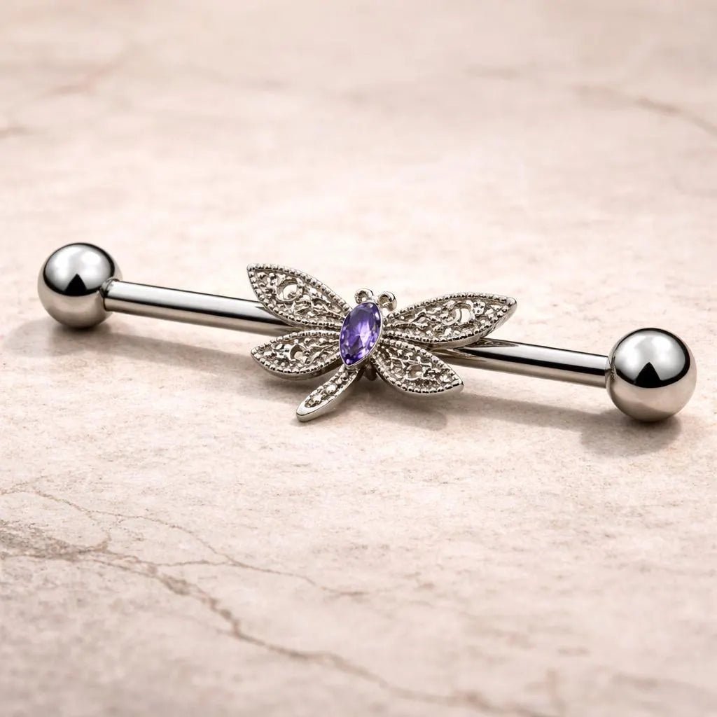 Stainless Steel Ornate Dragonfly Industrial Barbell Industrial Barbell Skin Metals