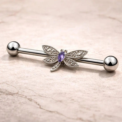 Stainless Steel Ornate Dragonfly Industrial Barbell Industrial Barbell Skin Metals