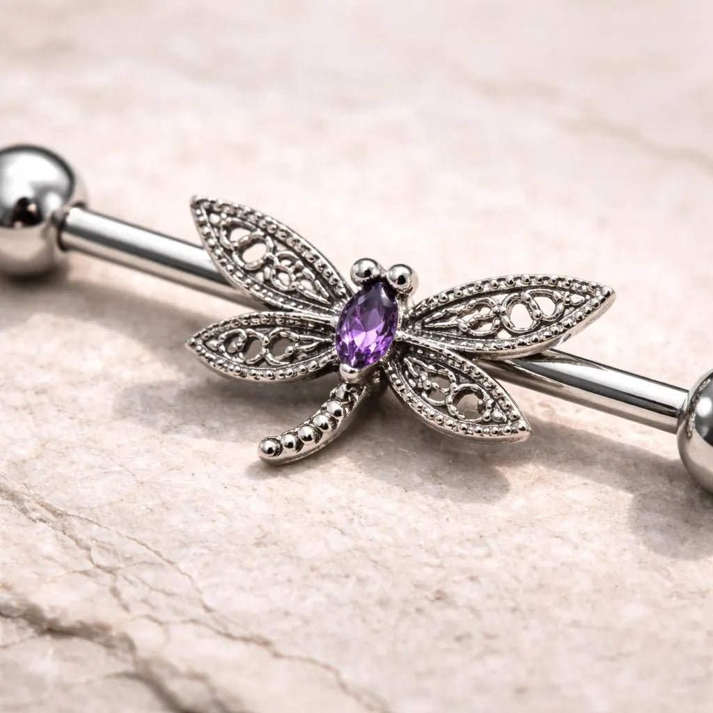 Stainless Steel Ornate Dragonfly Industrial Barbell Industrial Barbell Skin Metals