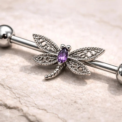 Stainless Steel Ornate Dragonfly Industrial Barbell Industrial Barbell Skin Metals