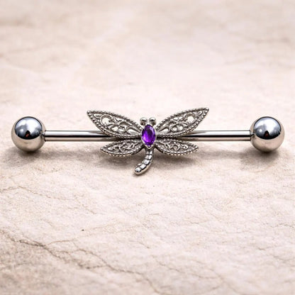 Stainless Steel Ornate Dragonfly Industrial Barbell Industrial Barbell Skin Metals