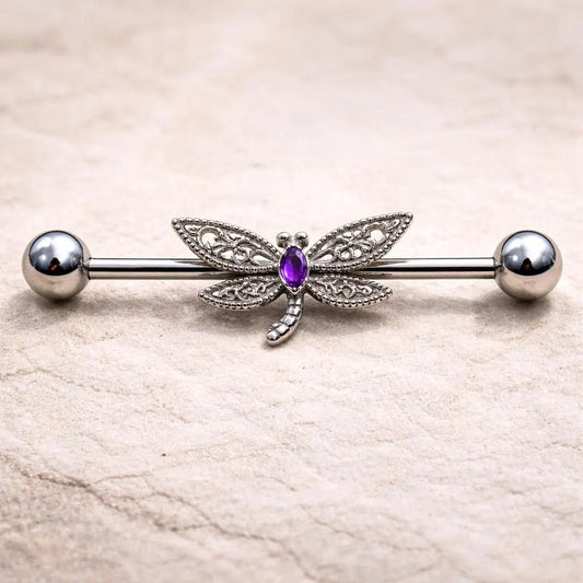 Stainless Steel Ornate Dragonfly Industrial Barbell Industrial Barbell Skin Metals