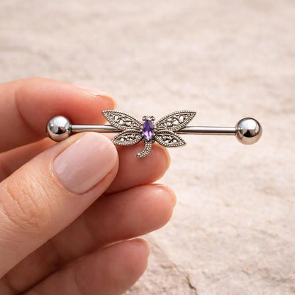 Stainless Steel Ornate Dragonfly Industrial Barbell Industrial Barbell Skin Metals
