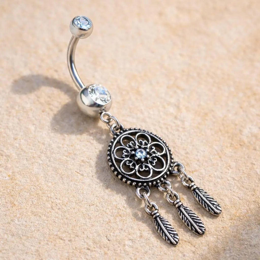 Stainless Steel Ornate Dream Catcher Dangle Navel Ring Navel Ring Impulse Piercings