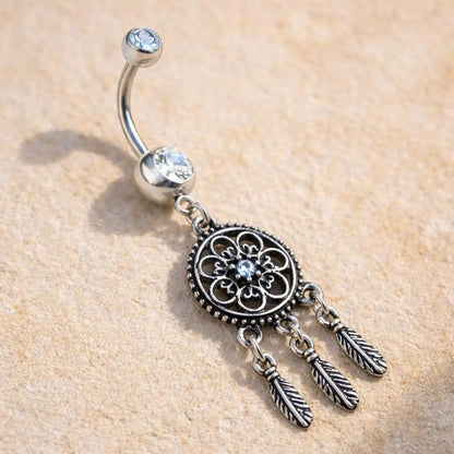 Stainless Steel Ornate Dream Catcher Dangle Navel Ring Navel Ring Impulse Piercings