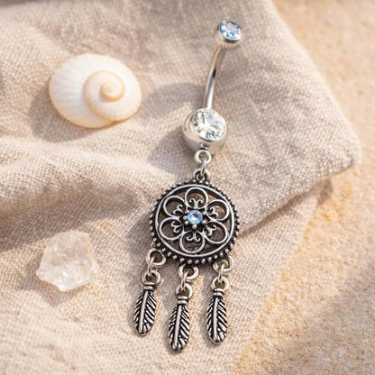 Stainless Steel Ornate Dream Catcher Dangle Navel Ring Navel Ring Impulse Piercings