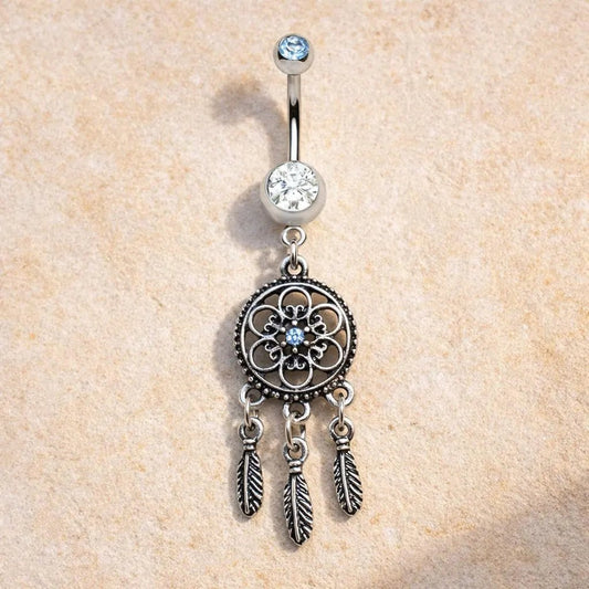 Stainless Steel Ornate Dream Catcher Dangle Navel Ring Navel Ring Impulse Piercings