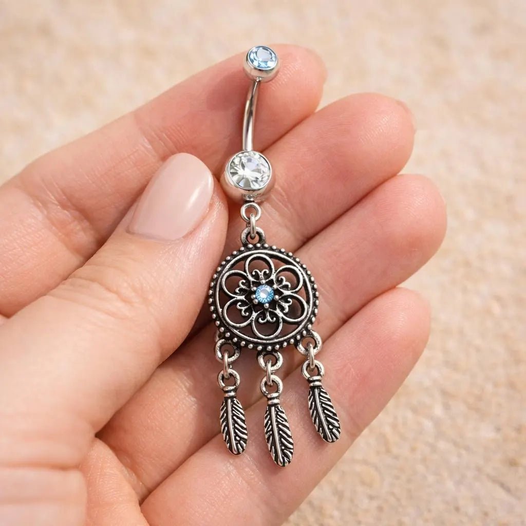 Stainless Steel Ornate Dream Catcher Dangle Navel Ring Navel Ring Impulse Piercings