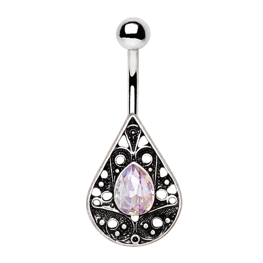 Stainless Steel Ornate Jeweled Teardrop Navel Ring - Skin Metals
