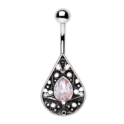 Stainless Steel Ornate Jeweled Teardrop Navel Ring - Skin Metals