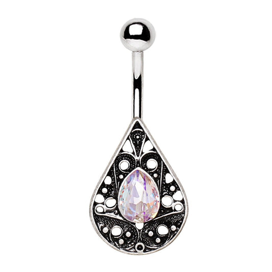 Stainless Steel Ornate Jeweled Teardrop Navel Ring