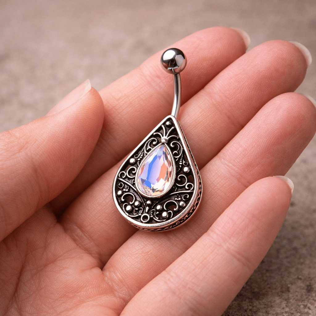 Stainless Steel Ornate Jeweled Teardrop Navel Ring Navel Ring Impulse Piercings