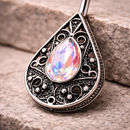 Stainless Steel Ornate Jeweled Teardrop Navel Ring Navel Ring Impulse Piercings