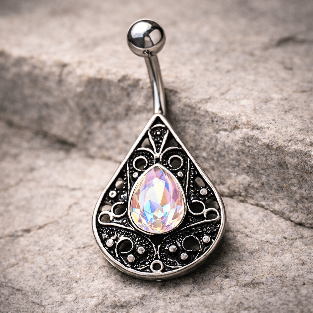 Stainless Steel Ornate Jeweled Teardrop Navel Ring Navel Ring Impulse Piercings