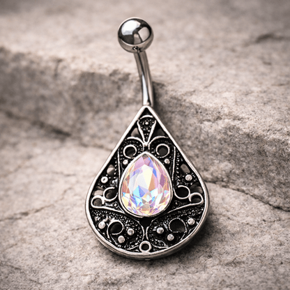 Stainless Steel Ornate Jeweled Teardrop Navel Ring Navel Ring Impulse Piercings