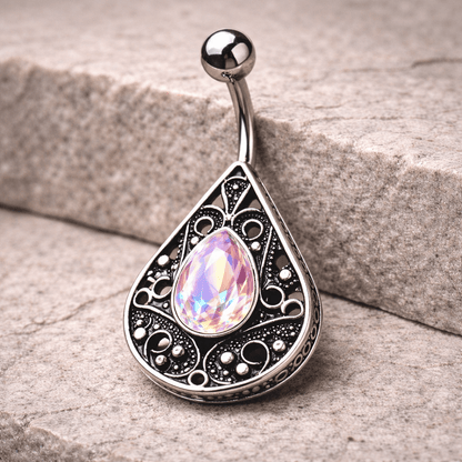 Stainless Steel Ornate Jeweled Teardrop Navel Ring Navel Ring Impulse Piercings