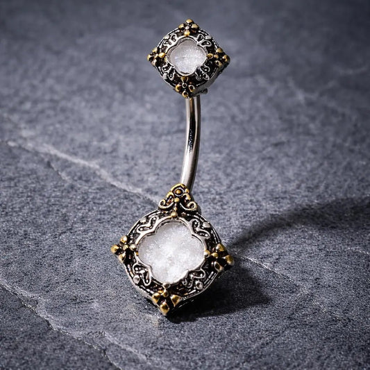 Stainless Steel Ornate Metallic Gem Navel Ring Navel Ring Impulse Piercings