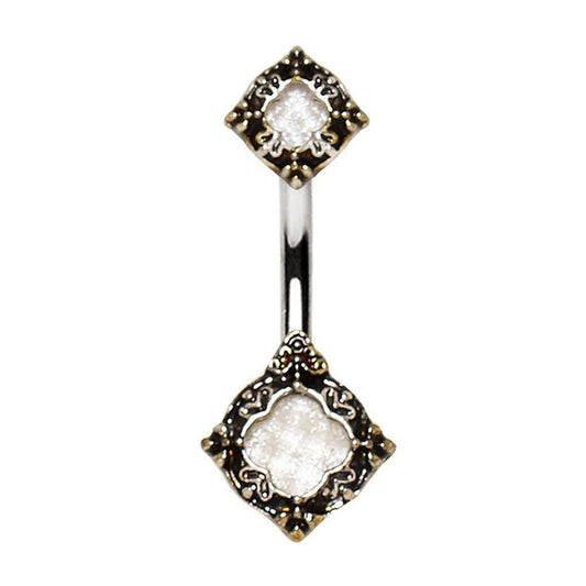 Stainless Steel Ornate Metallic Gem Navel Ring
