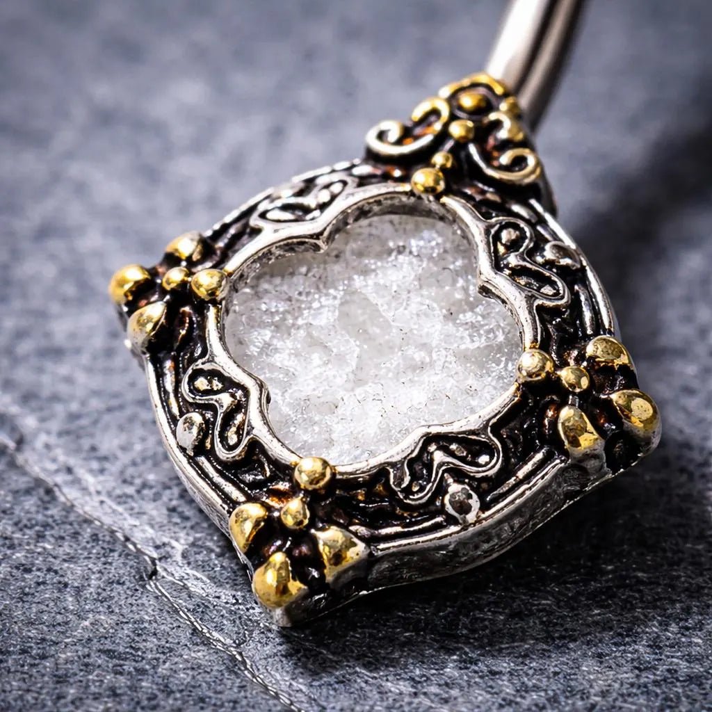 Stainless Steel Ornate Metallic Gem Navel Ring Navel Ring Impulse Piercings