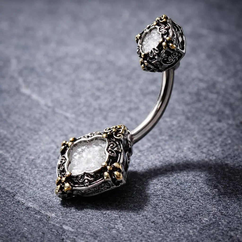 Stainless Steel Ornate Metallic Gem Navel Ring Navel Ring Impulse Piercings