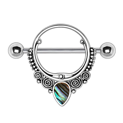 Stainless Steel Ornate Nipple Shield with Tear Drop Abalone Nipple Ring Impulse Piercings