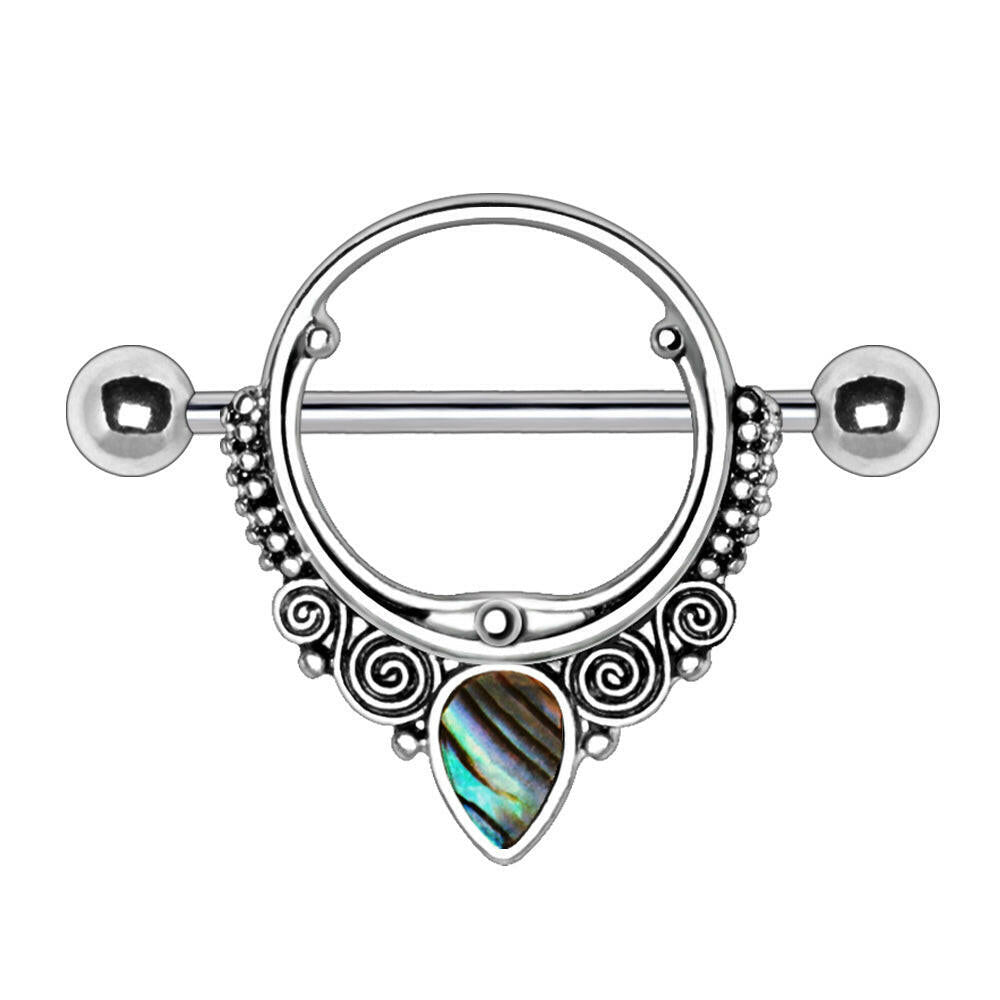 Stainless Steel Ornate Nipple Shield with Tear Drop Abalone Nipple Ring Skin Metals
