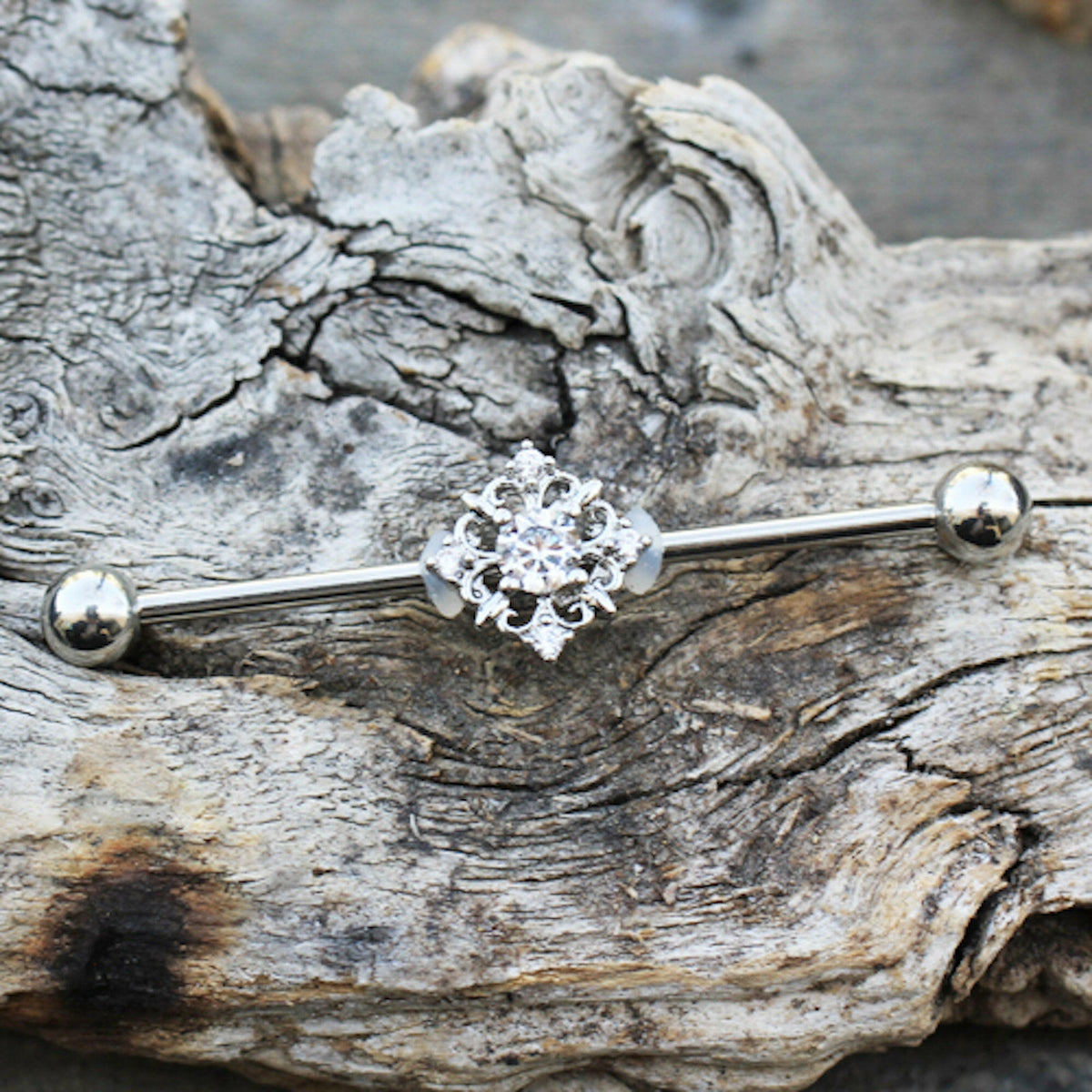 Stainless Steel Ornate Rhombus Charm Industrial Barbell