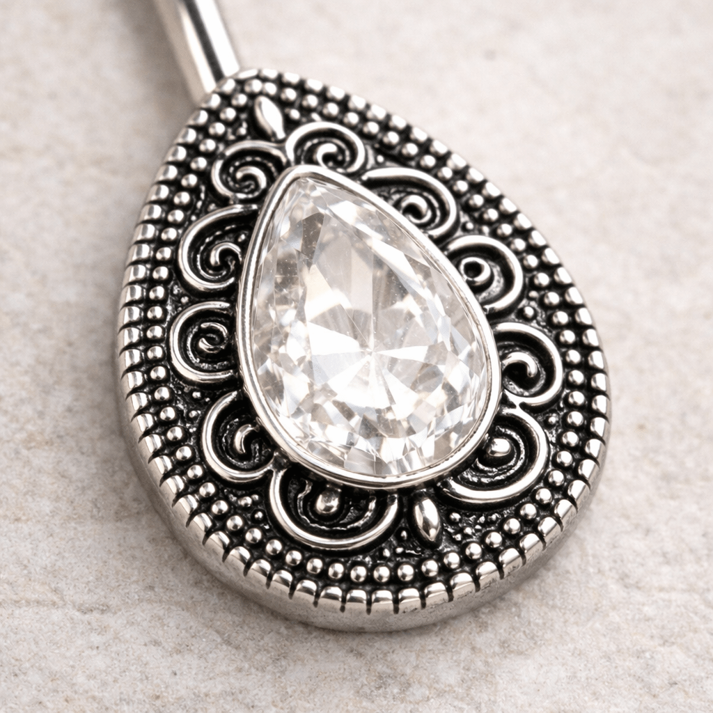 Stainless Steel Ornate Teardrop Navel Ring - Skin Metals