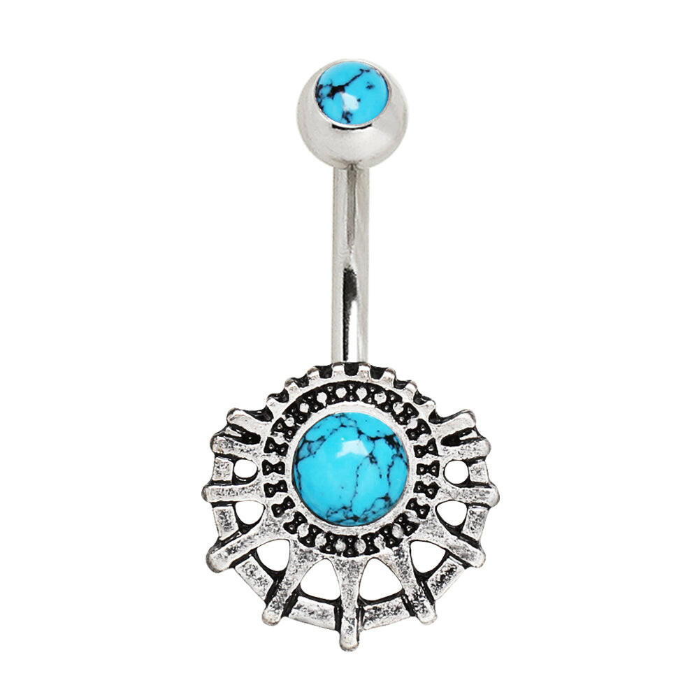 Stainless Steel Ornate Turquoise Navel Ring Navel Ring Impulse Piercings