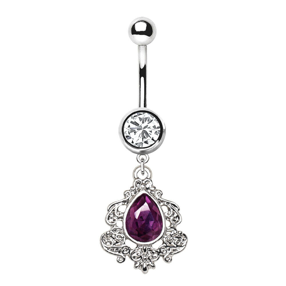 Stainless Steel Ornate Victorian Purple Tear Drop Dangle Navel Ring Navel Ring 