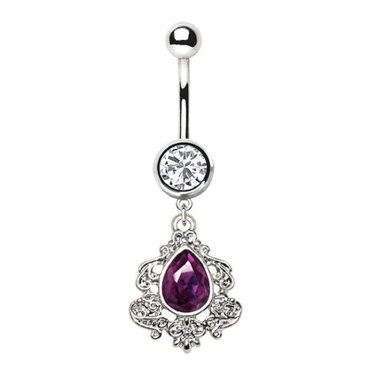 Stainless Steel Ornate Victorian Purple Tear Drop Dangle Navel Ring Navel Ring 