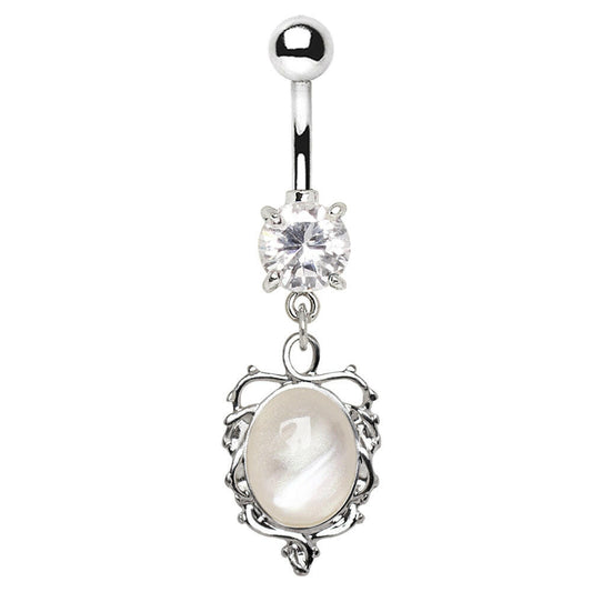 Stainless Steel Ornate White Cat's Eye Dangle Navel Ring Navel Ring Impulse Piercings