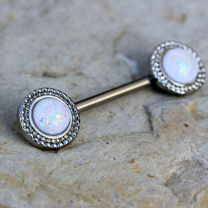 Stainless Steel Ornate White Synthetic Opal Nipple Bar Nipple Ring Impulse Piercings