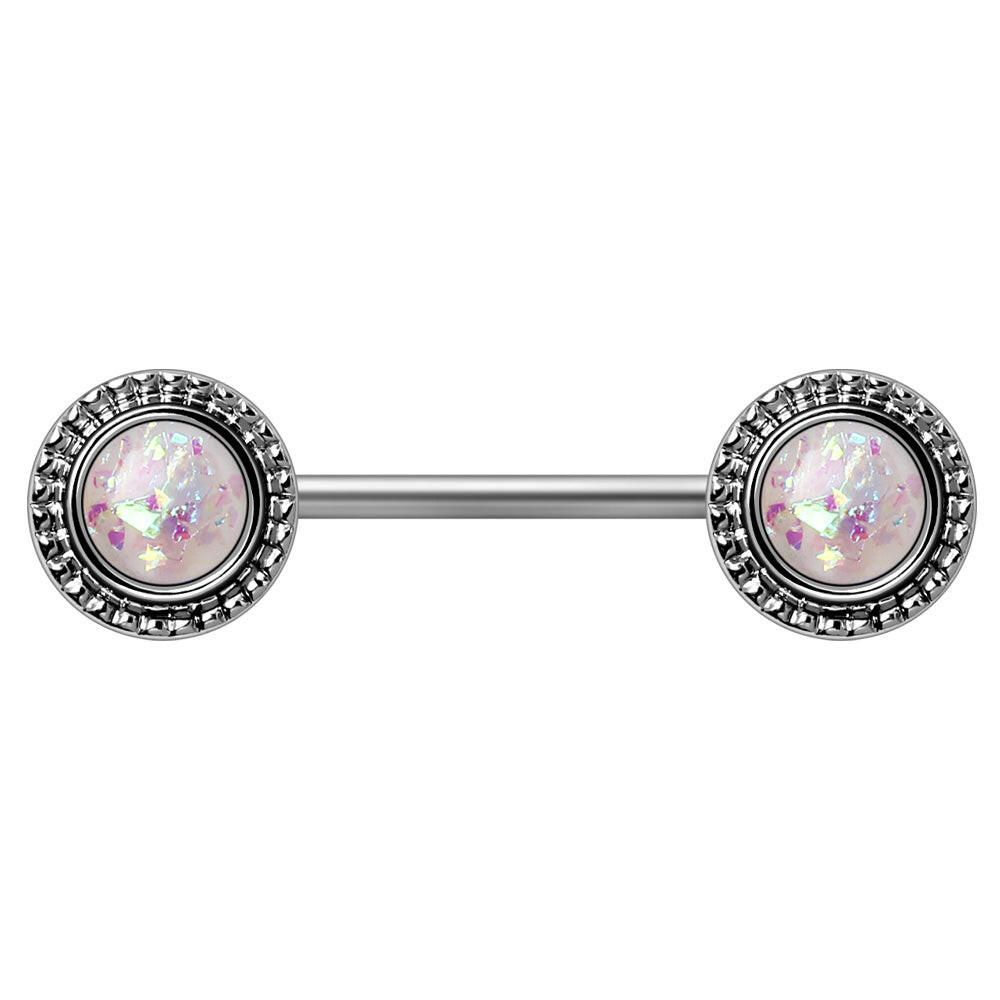 Stainless Steel Ornate White Synthetic Opal Nipple Bar Nipple Ring Impulse Piercings