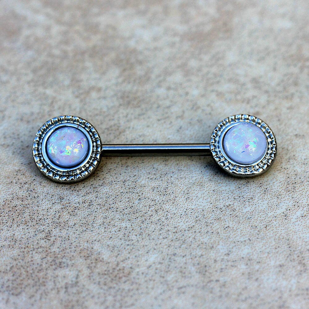 Stainless Steel Ornate White Synthetic Opal Nipple Bar Nipple Ring Impulse Piercings