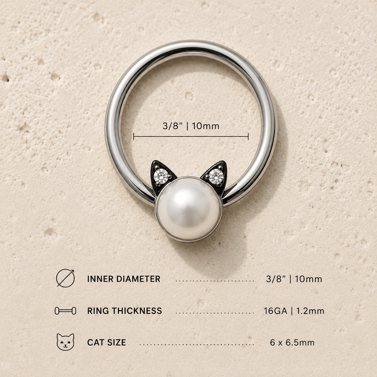 Stainless Steel Pearl Cat Snap-in Captive Bead Ring / Septum Ring - Skin Metals