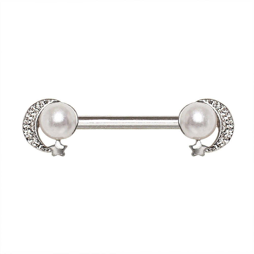 Stainless Steel Pearl Moon and Star Nipple Bar Nipple Ring Impulse Piercings