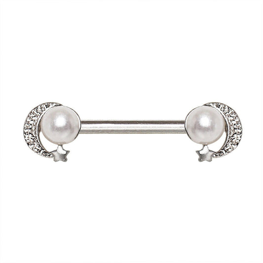 Stainless Steel Pearl Moon and Star Nipple Bar Nipple Ring Impulse Piercings