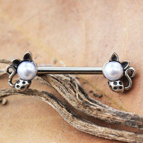 Stainless Steel Pearl Spotted Cat Nipple Bar Nipple Ring Impulse Piercings