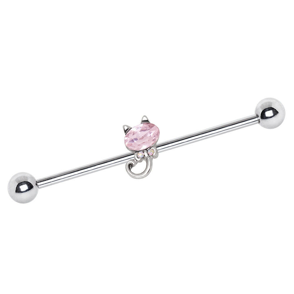 Stainless Steel Pink Bow Tie Cat Industrial Barbell Industrial Barbell Impulse Piercings