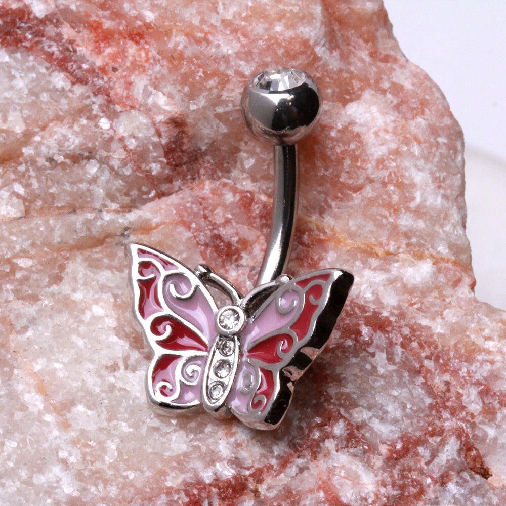 Stainless Steel Pink Butterfly Navel Ring Navel Ring Impulse Piercings